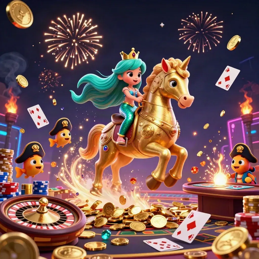 Mermaid princess on armored seahorse amid coins, chips, cards, fireworks and neon casino glow.