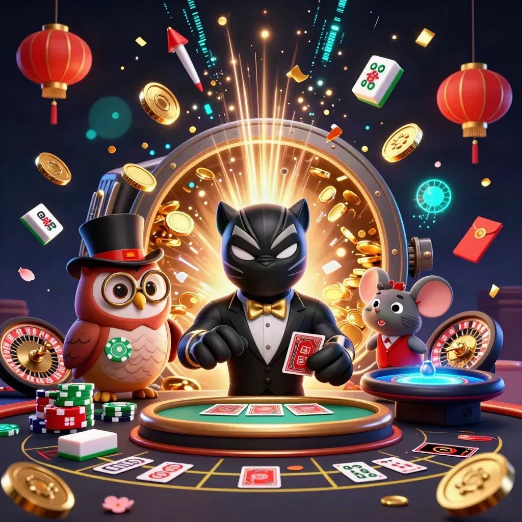 Panther, owl, and mouse in a casino vault burst with coins, fireworks, cards, and glowing chips