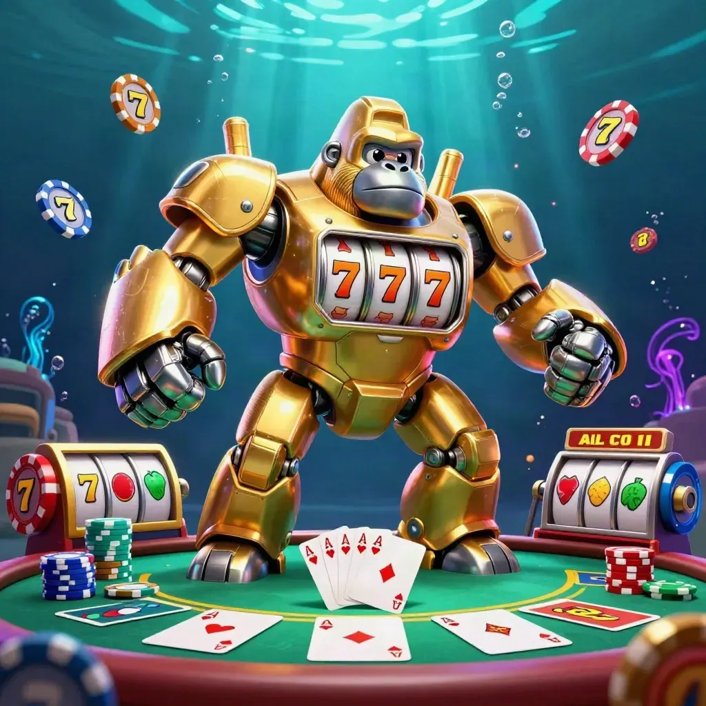 Golden gorilla slot mech with tiny monkey pilot, poker chips, aces, and underwater neon glow