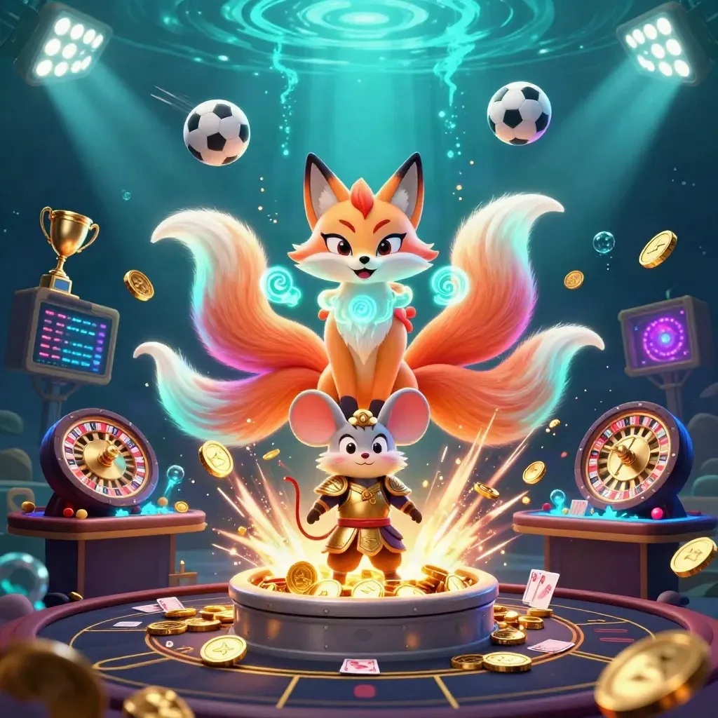 Fox spirit and samurai mouse amid coins, fireworks, casino symbols, and underwater glow.