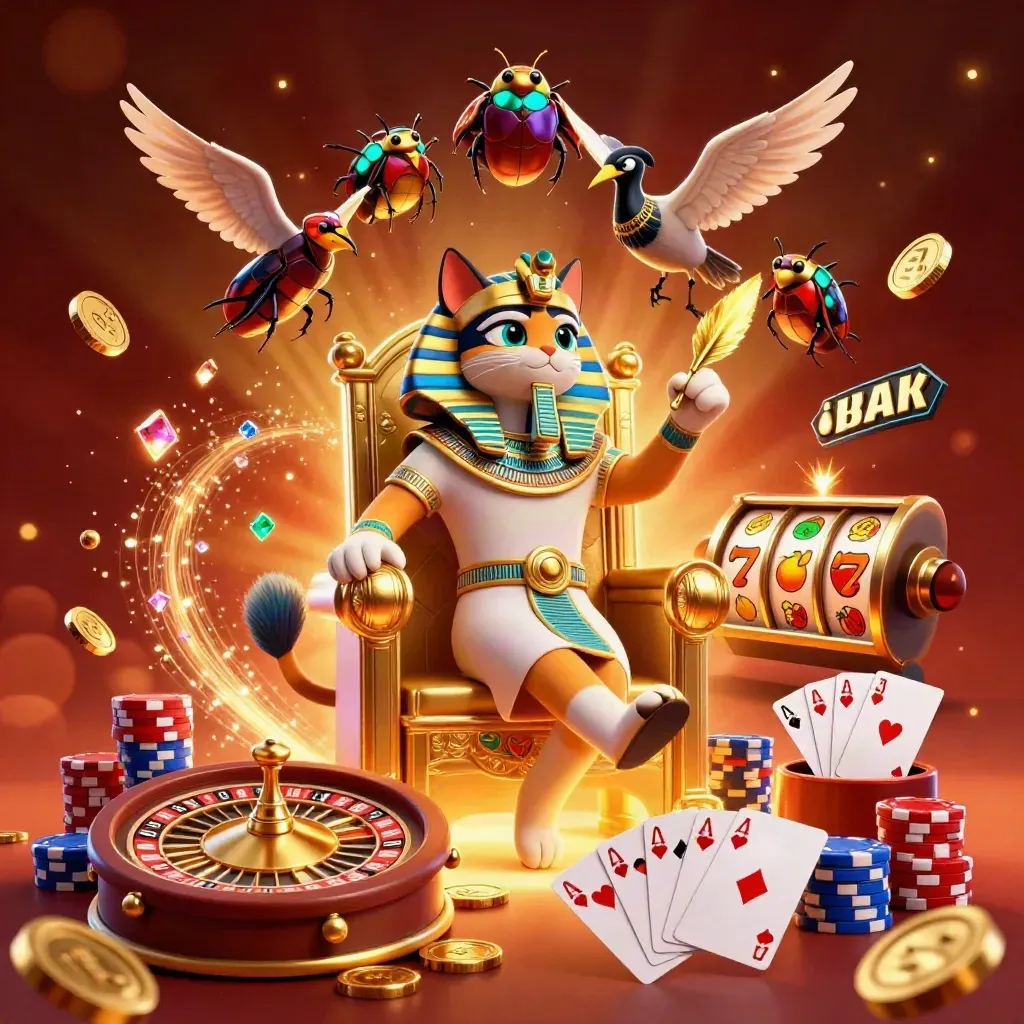 Pharaoh cat on gold throne with ibis, scarabs, coins, roulette wheel and chips.