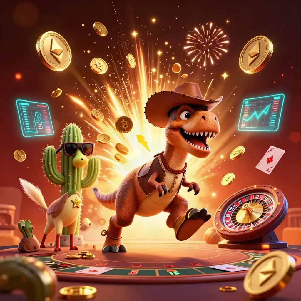 Cowboy T-Rex, cactus and roadrunner amid exploding gold coins, neon crypto chips and casino lights.