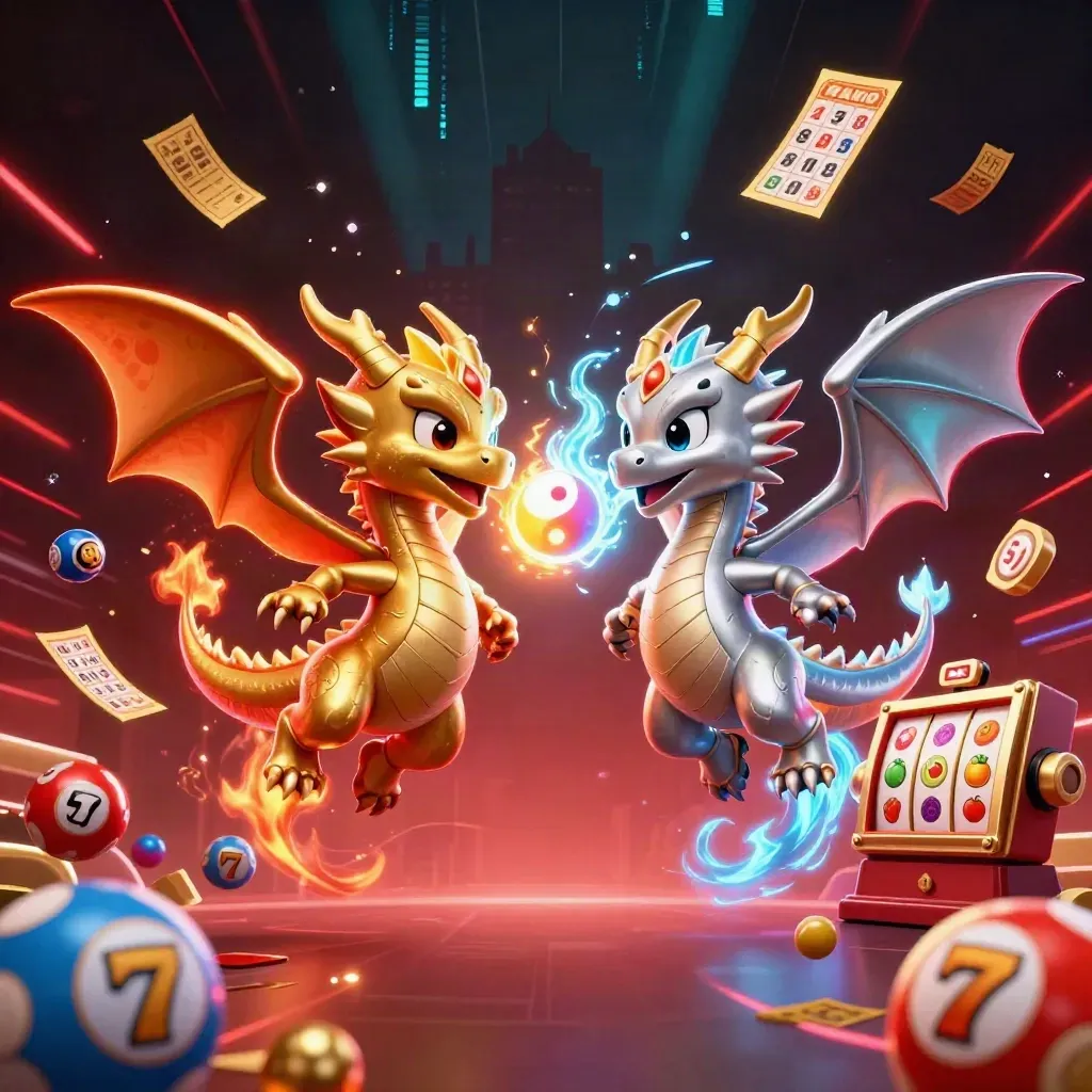 Gold and silver dragons form a yin-yang with casino effects on a dark neon skyline.