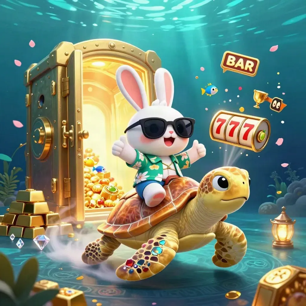 Lucky rabbit on a golden sea turtle amid vault riches, reels, fish, and underwater glow