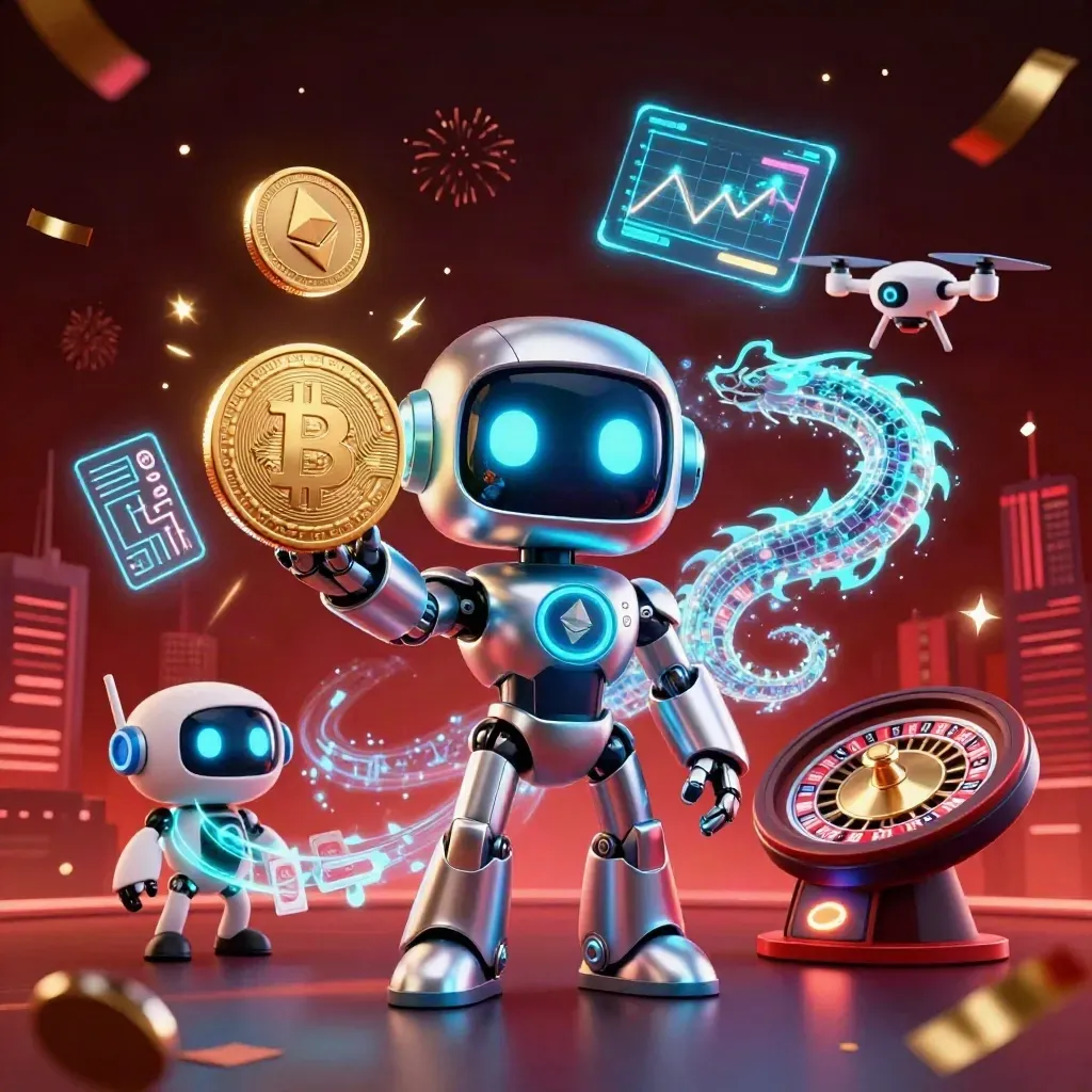 Cyberpunk robot, holographic dragon and coin drone amid casino symbols, sparks and neon glow.