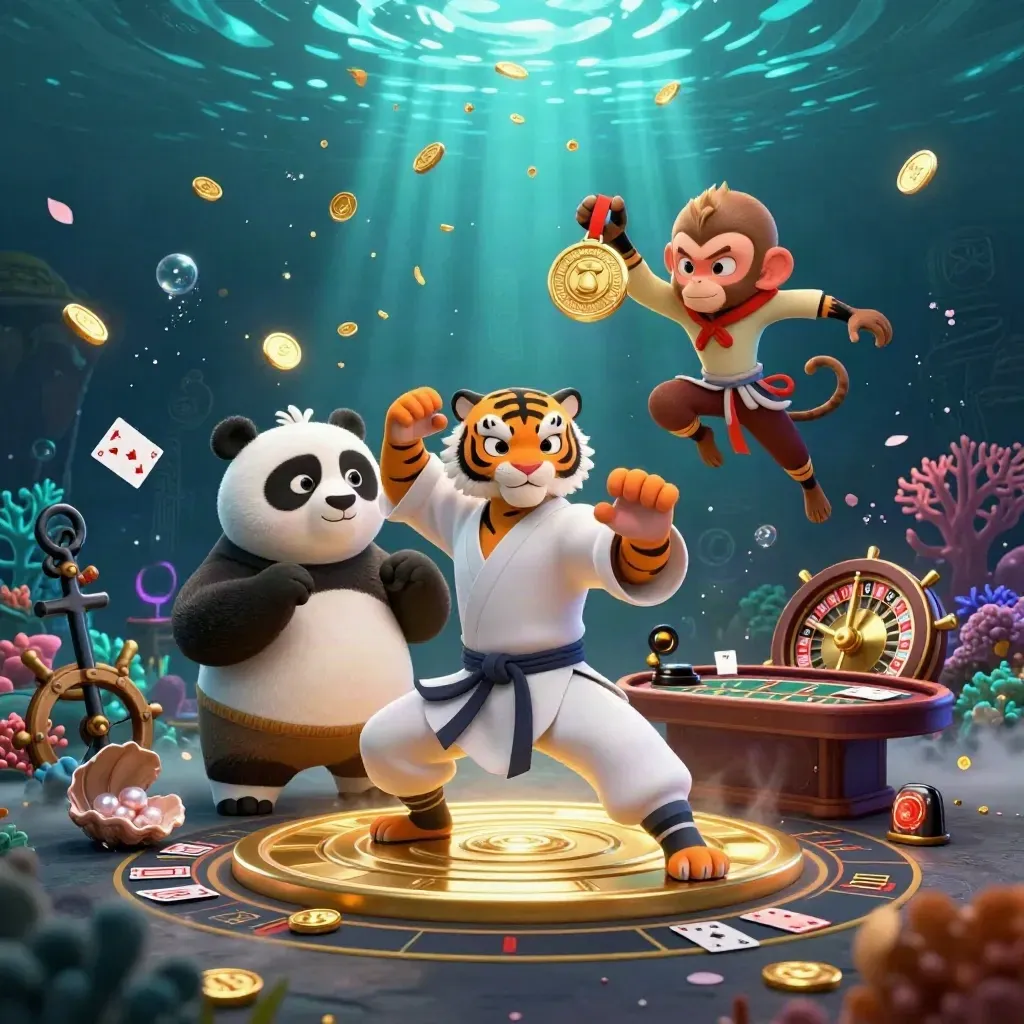 Kung-fu tiger, panda, and monkey in an underwater casino treasure cove with glowing gold and neon.
