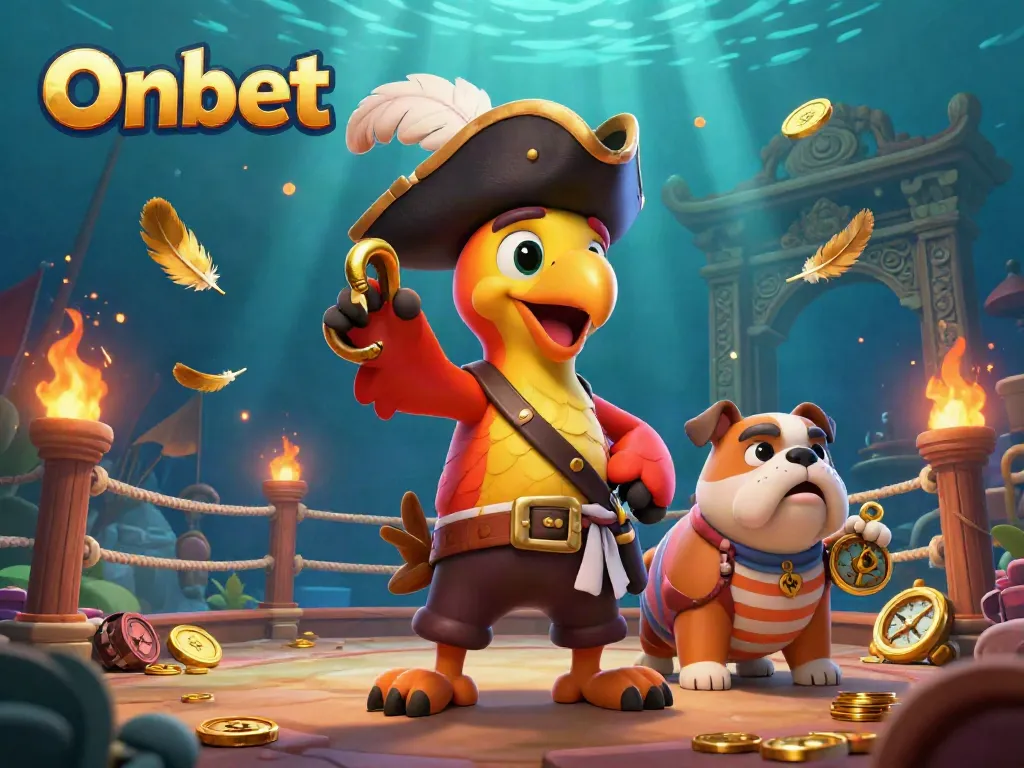 Experience thrilling gaming adventures with Onbet in this vibrant illustration featuring playful pirates and treasures.