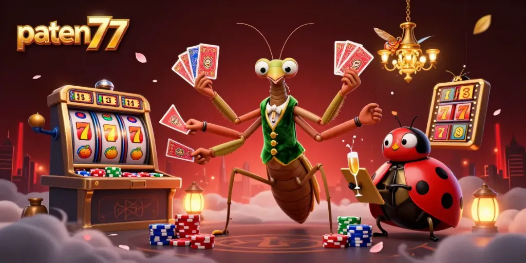 Engage with paten77 as a giant mantis card sharp pours champagne amidst colorful slot reels.