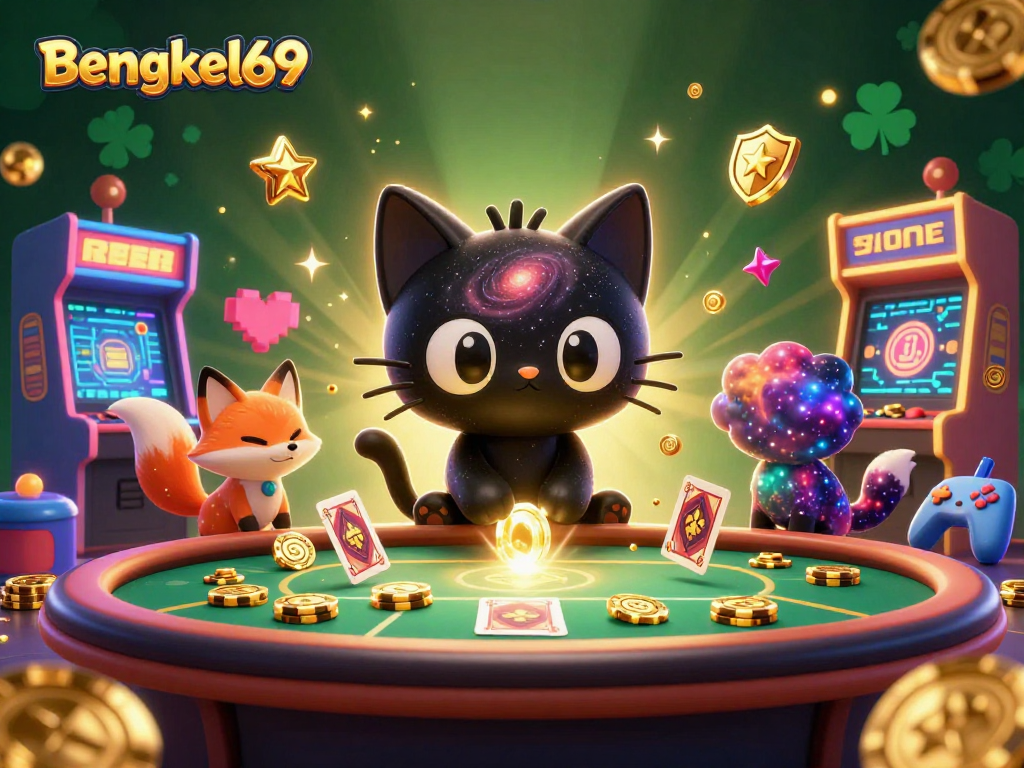 Bengkel69 enhances the gaming experience at a cosmic casino table with a black hole cat and nebula fox.