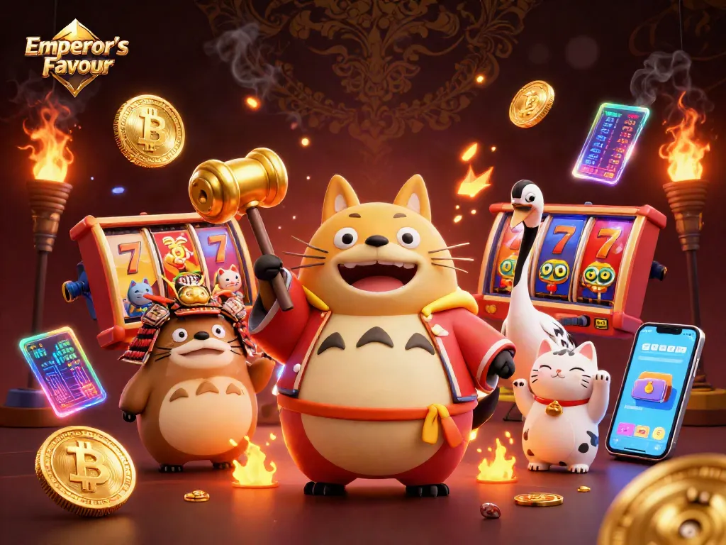 การหมุนสล็อตในเกม Emperor’s Favour พร้อมสัญลักษณ์มงคลและเหรียญดิจิทัลที่เปล่งประกาย