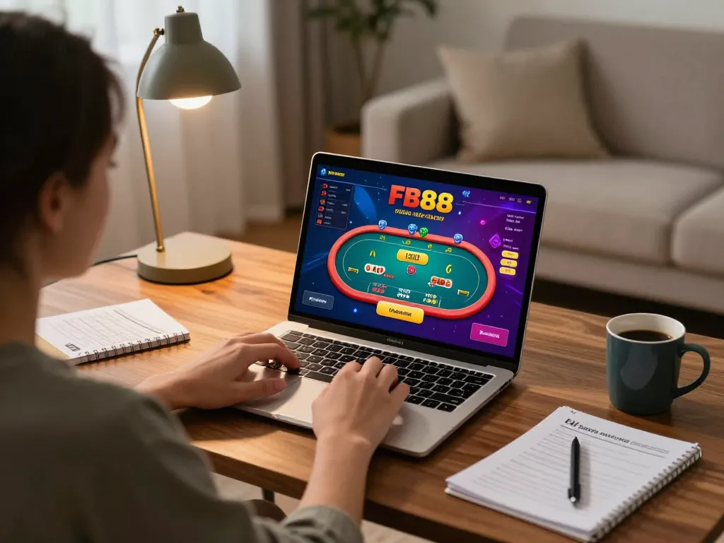 Engaging with the FB88 online casino interface while enjoying a cozy home atmosphere
