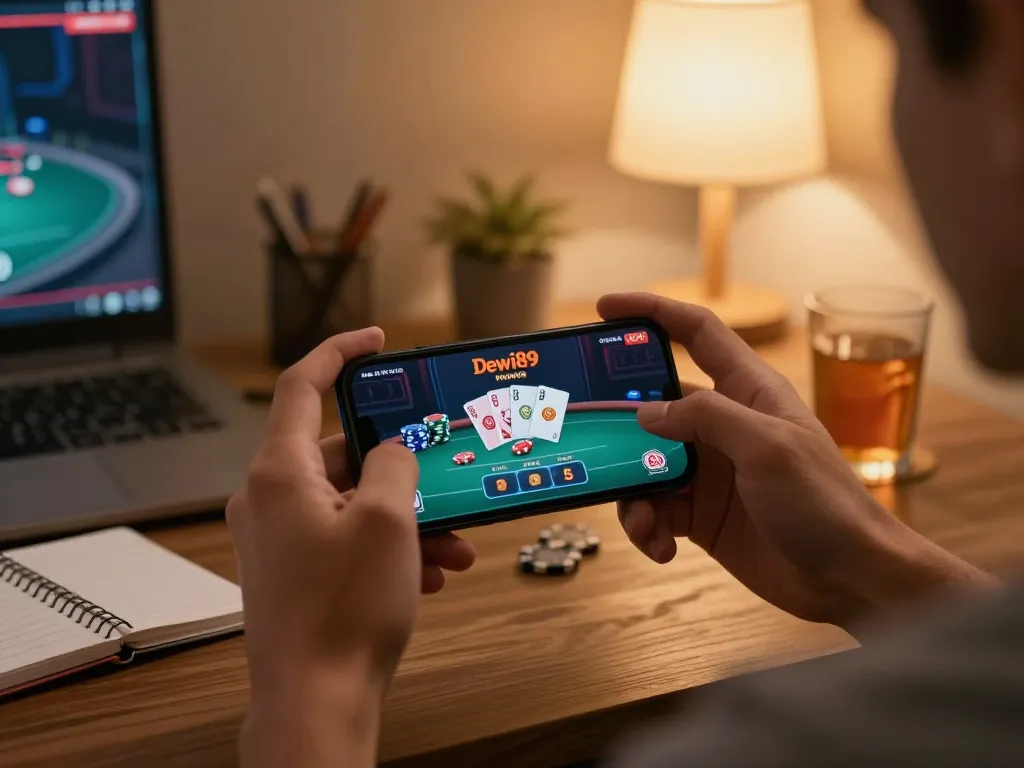 Pemain merayakan kemenangan di aplikasi mobile dewi89, menunjukkan kegembiraan dan perjudian online yang strategis.