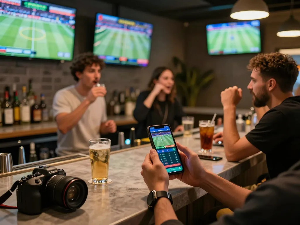 Sports betting excitement at F8BET with friends discussing live bets in a stylish lounge.
