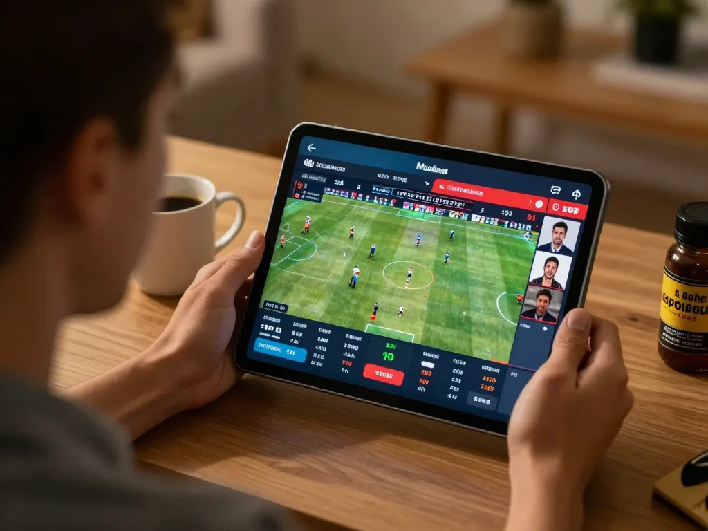Bong88 user actively engaged in sports betting on a tablet, showcasing live odds in a cozy home setting.