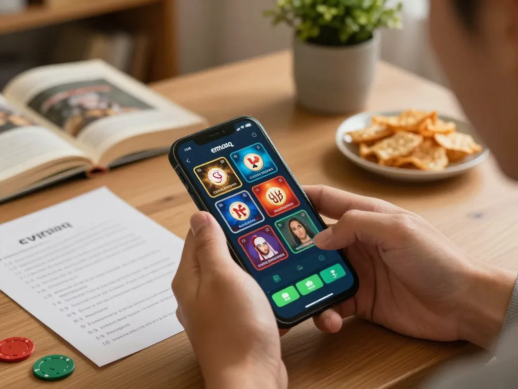 Pemain terlibat dengan aplikasi emaqq mobile di smartphone, menunjukkan gameplay dengan camilan dan catatan strategi.