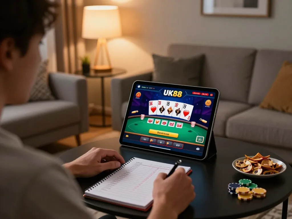 Player enjoying UK88 mobile casino game on tablet in cozy living room