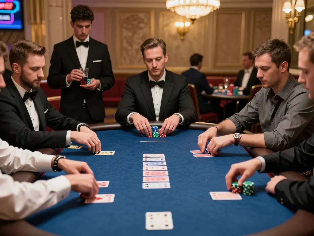 Engaged players at a dinamit4d poker table strategizing their next move amidst a luxurious casino setting