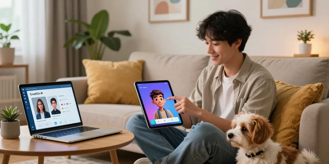 Engaging with CrushOn AI on a tablet in a cozy living room setting, showcasing interaction with 3D characters.