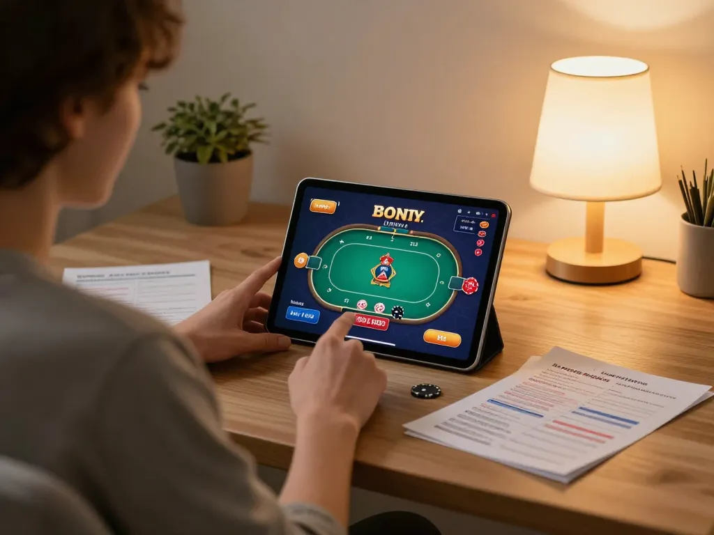 Sunwin user engaged in strategic online casino gaming on a tablet at home.