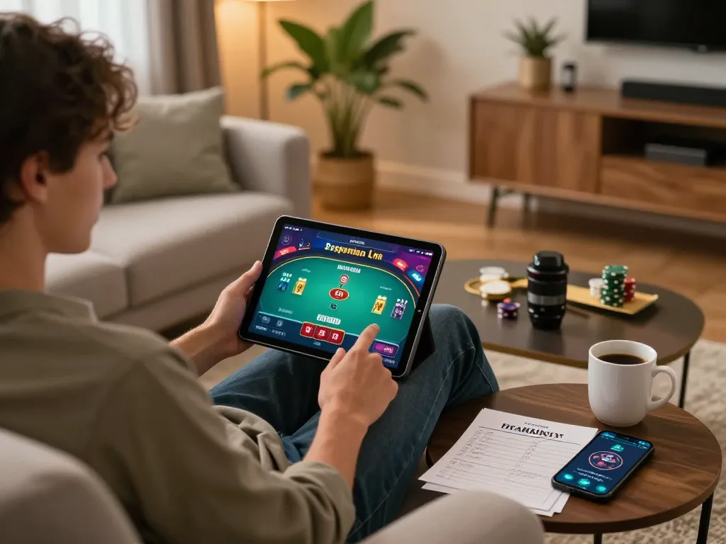 Engaging in an online poker game on a tablet while tracking bankroll at home, rik vip gaming experience.