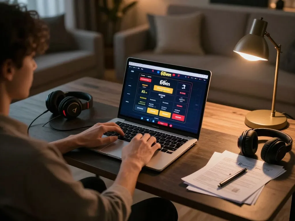 Engaging with 68win’s online casino on a laptop, emphasizing strategic gaming at home