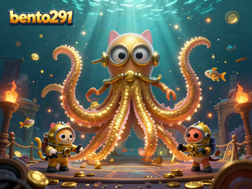 Bento291 ignites the undersea adventure with a kraken and a diving cat in a vibrant casino scene.