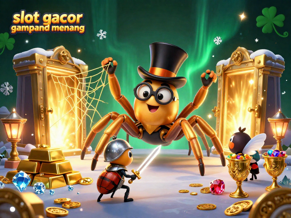 Engage in thrilling gameplay with slot gacor gampang menang while encountering a golden tarantula and a brave beetle knight.
