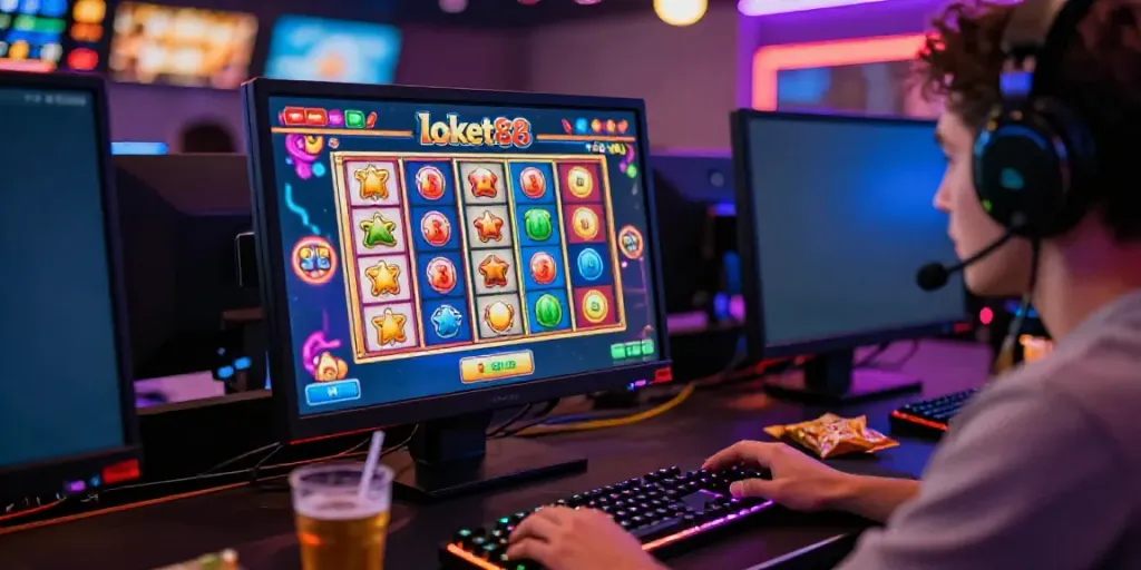 Engaged player enjoying loket88 slot game in vibrant online gaming setup.