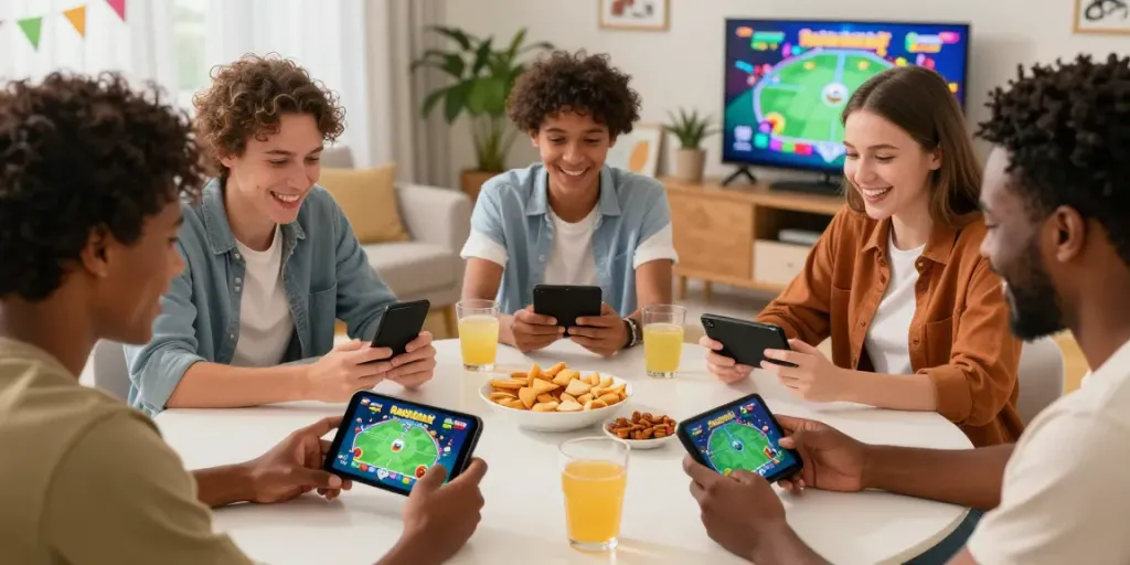 Friends enjoying Rumble Rummy app on smartphones in a lively living room setting.
