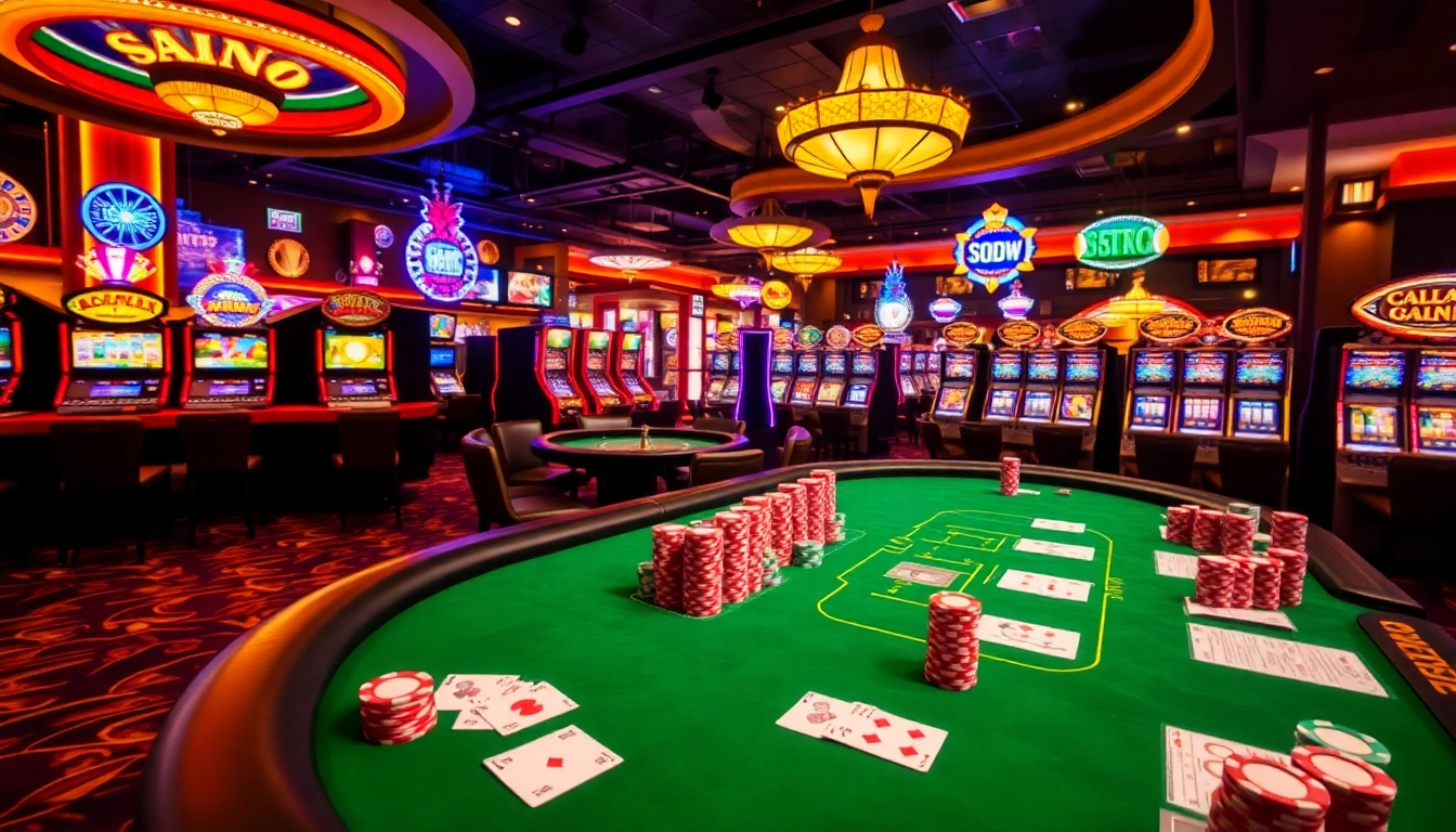 Engage with thrilling SODO casino action at vibrant tables filled with poker chips and cards.