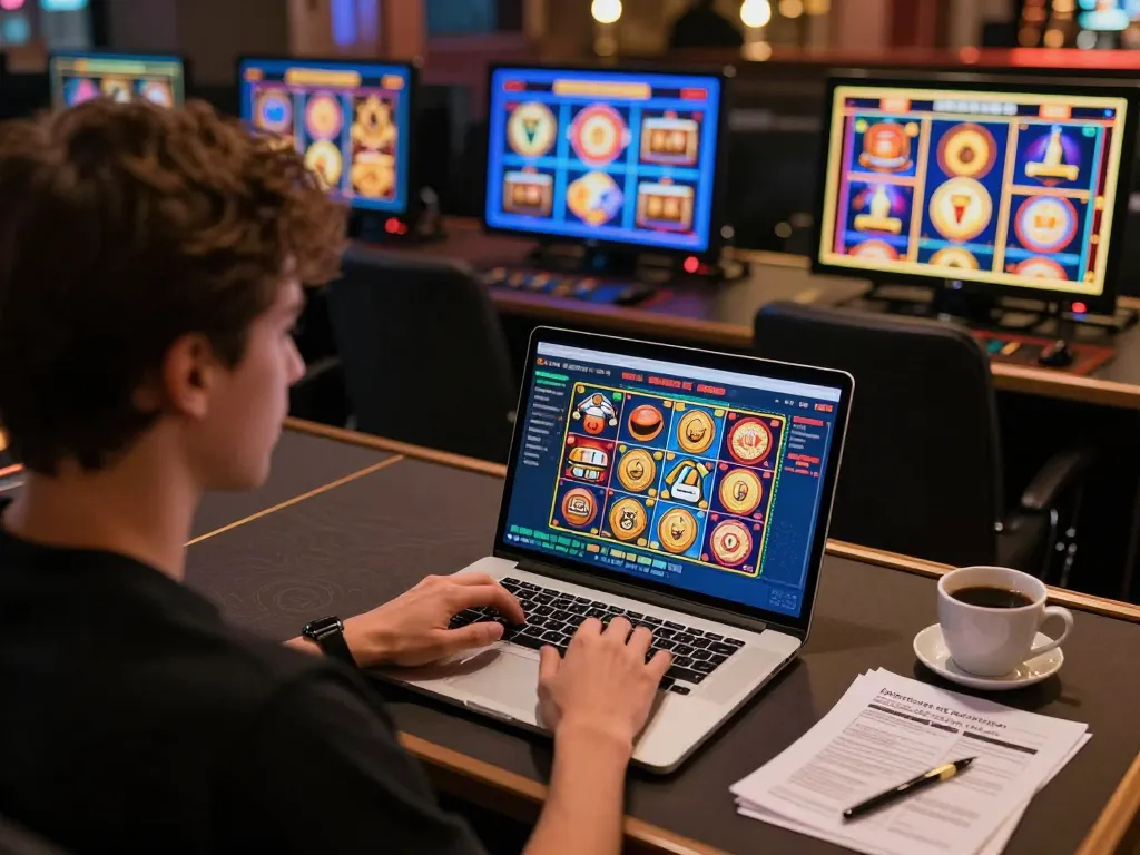 Engaging in online gaming at TG88 with vibrant slot displays, showcasing responsible gambling.