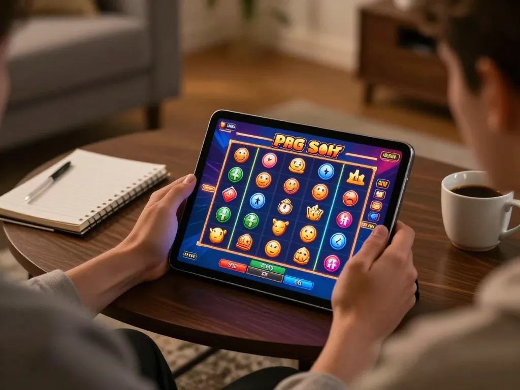 Pemain terlibat menikmati Demo Slot PG Soft Mirip Asli di tablet dalam suasana rumah yang nyaman.