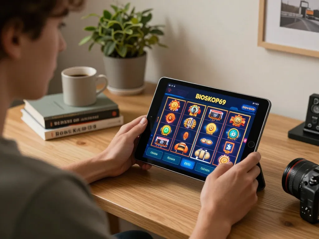Pengalaman permainan online yang menarik dengan BIOSKOP69 di tablet dalam kantor rumah yang stylish.