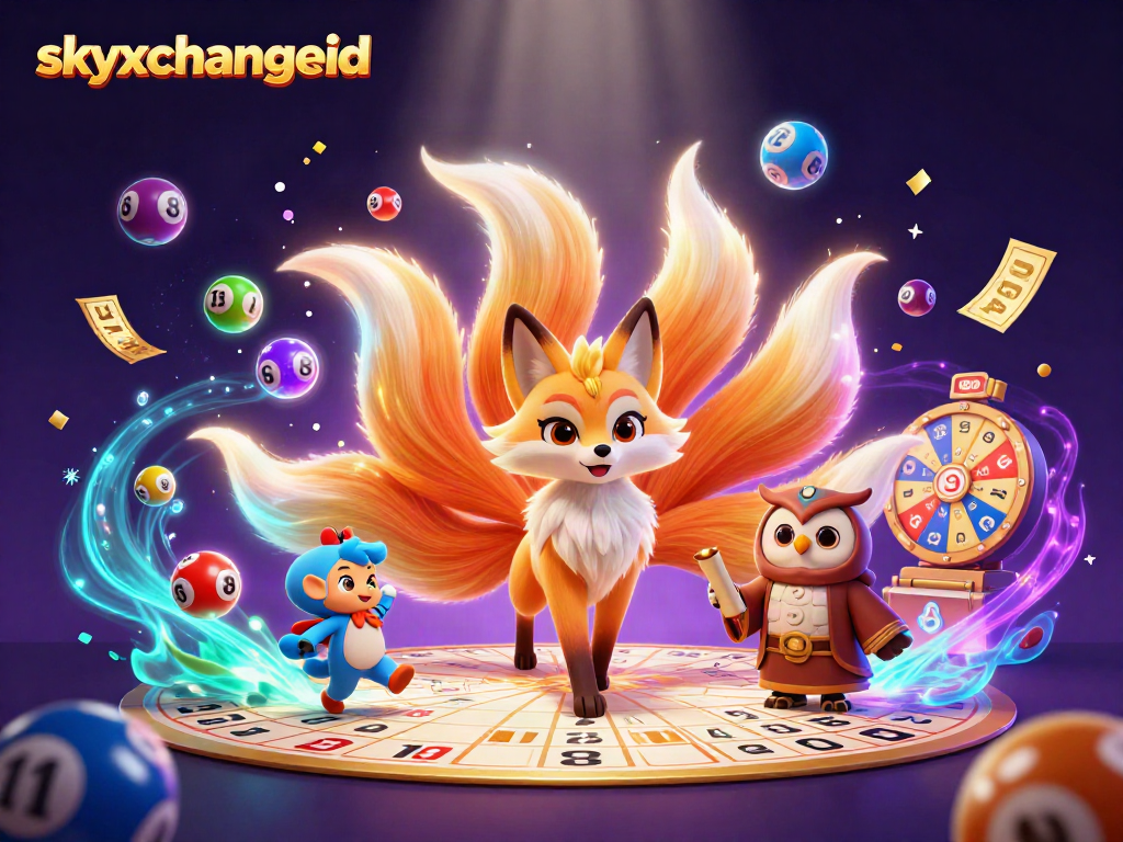 Experience the thrill of winning with skyxchangeid, surrounded by vibrant lottery elements and magical spirits.
