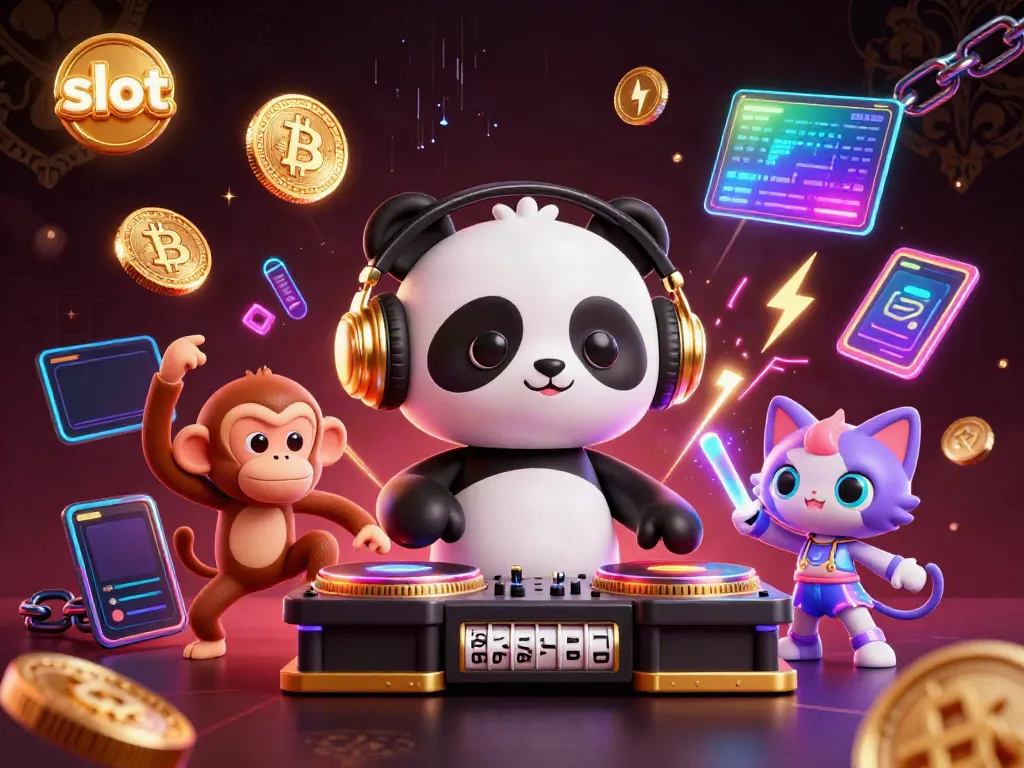 Engaging slot-themed 3D scene with animated DJ panda, dancing monkey, and glowing kitten amidst crypto elements.