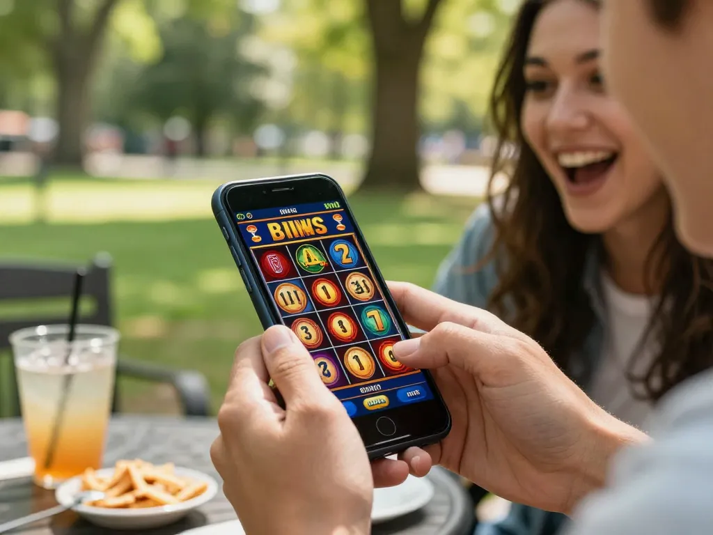 Menikmati sensasi permainan slot mobile aman788 di taman yang cerah, mengantisipasi kemenangan besar.