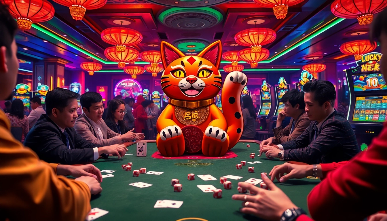 Lucky Neko slot machine creating excitement with wins at a vibrant casino table.