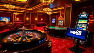 Experience the excitement of Nhà cái WW88 with a luxurious casino scene showcasing roulette, blackjack, and digital betting.