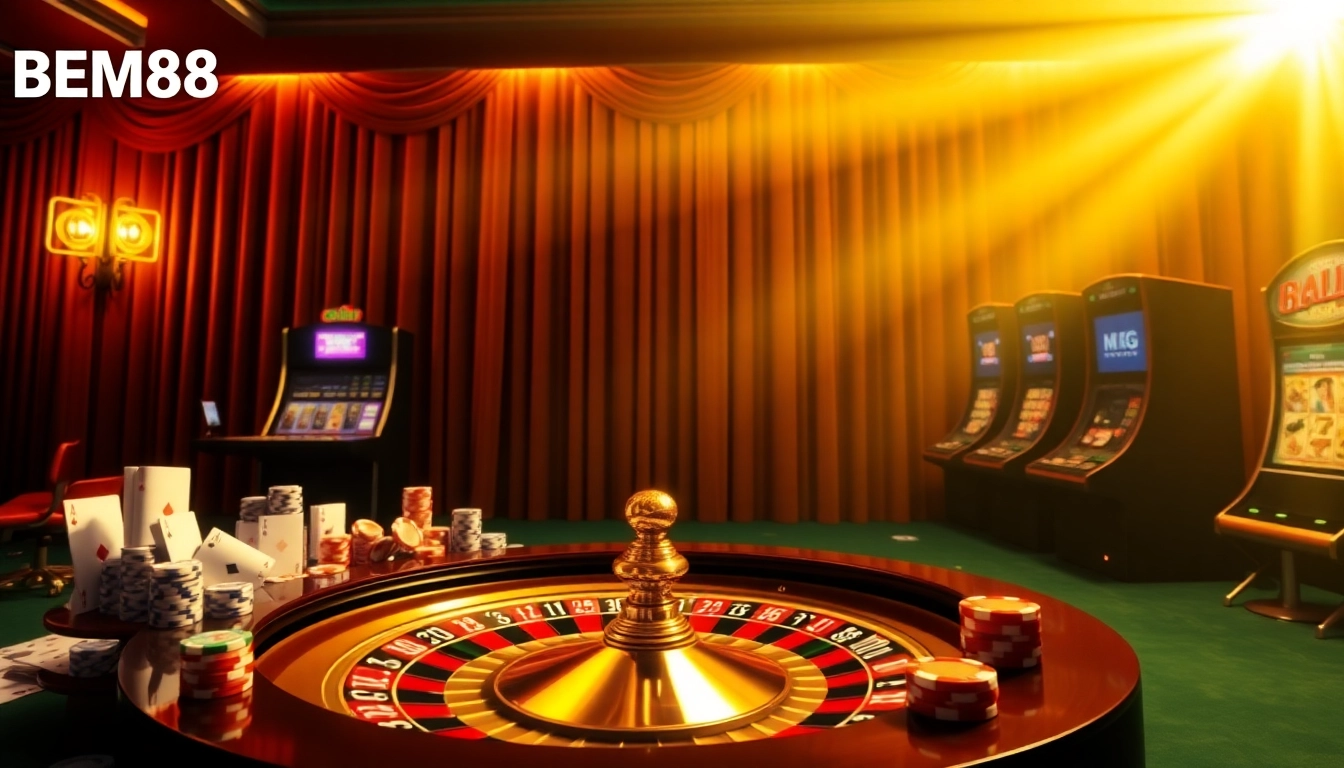 Engaging casino scene at TRANG CHỦ BEM88 featuring roulette, poker chips, and online gaming excitement.