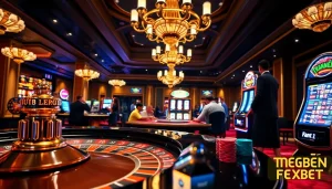 Experience the excitement of TRANG CHỦ FEBET with a vibrant casino scene featuring roulette and poker games.