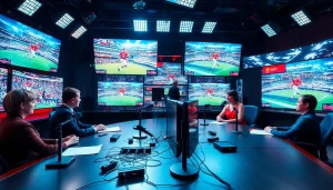 Engaging sports broadcasting setup showcasing broadcasters presenting dynamic live sports events.