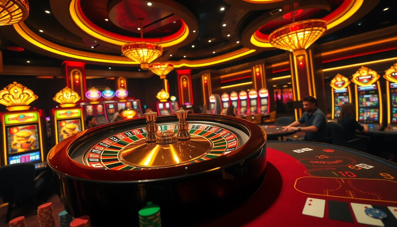 Engaging players in TRANG GAME B8 enjoy a dynamic casino environment filled with roulette wheels and poker chips.