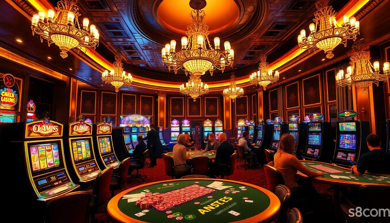 Players enjoy vibrant slot machines at s8com, surrounded by poker chips and a festive casino atmosphere.