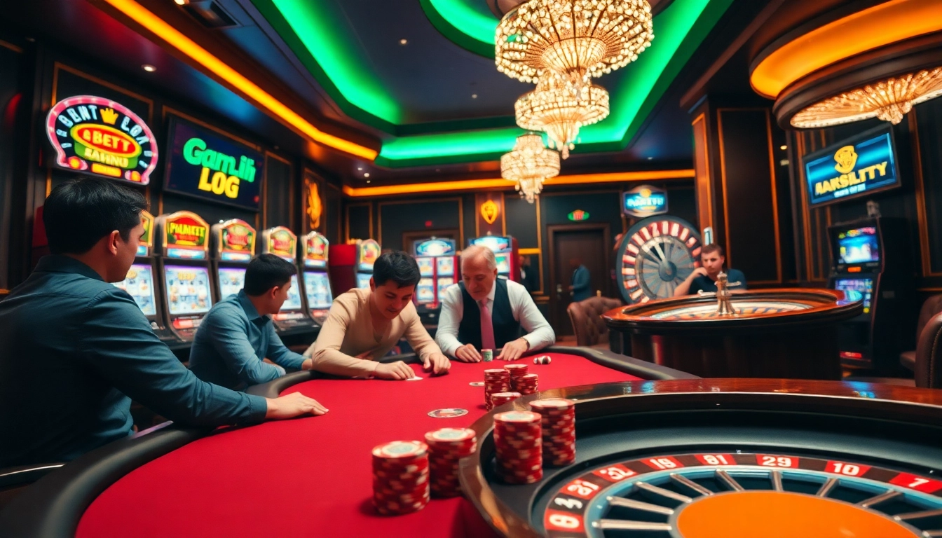 Experience the excitement at ktpjitu with players engaging at a high-stakes poker table and vibrant slot machines.