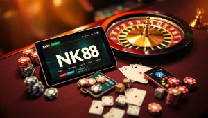 Professional gambler using NK 88 online platform displaying strategic betting with poker chips and roulette