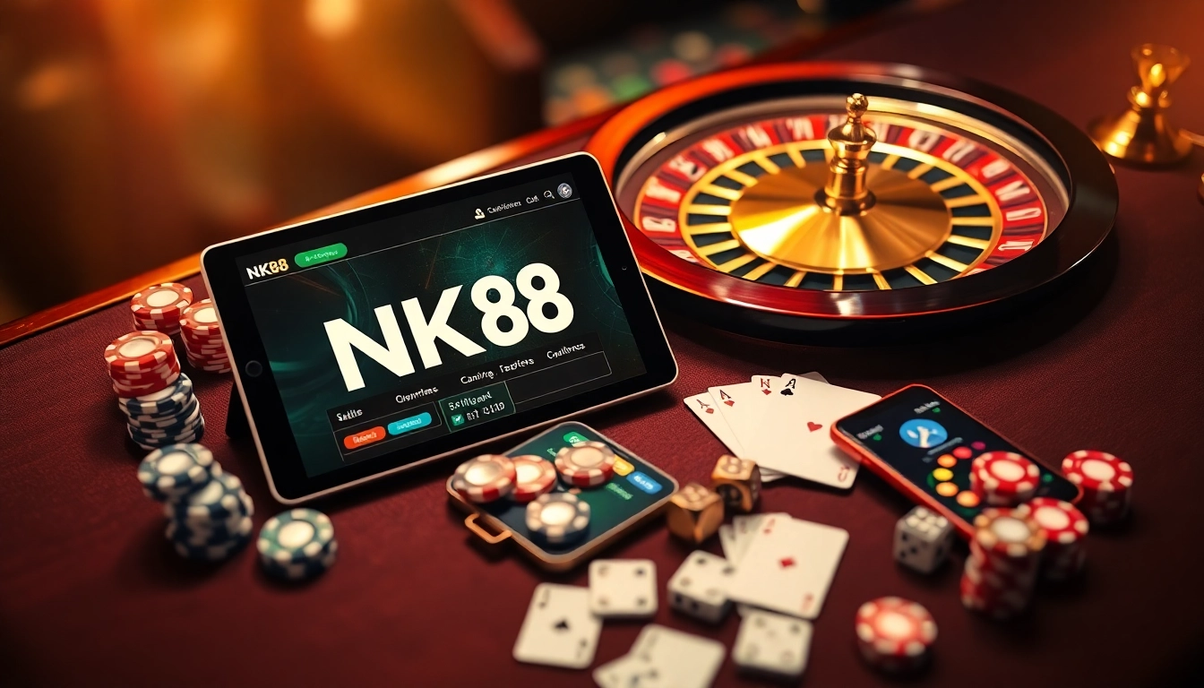Professional gambler using NK 88 online platform displaying strategic betting with poker chips and roulette