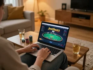 Player enjoying Jeetbuzz 88 online casino games from home with a laptop in cozy setup
