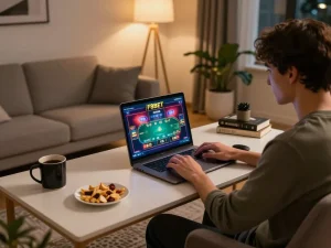 Experience F8BET online poker gameplay from a cozy home setup with dynamic atmosphere.