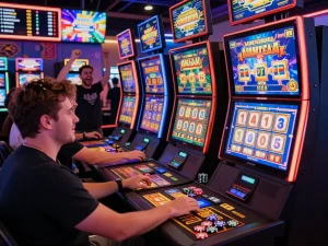 Suasana perjudian online yang menarik dengan pemain menikmati mesin slot link gacor dan grafik yang cerah.