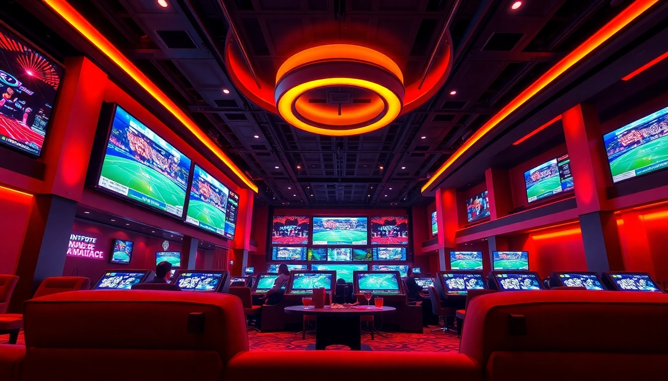 Experience a vibrant Singapore Sportsbetting Site with interactive terminals and luxury seating.